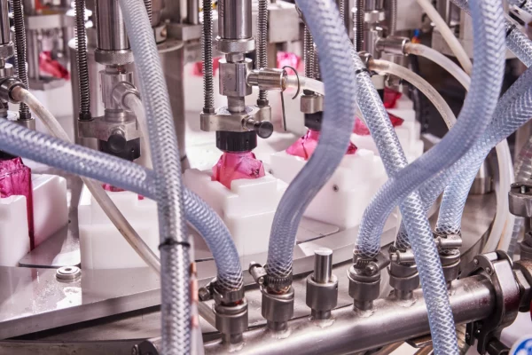 Ligne automatisée de remplissage de flacons cosmétiques dans l'usine de production de Cosmeurop à Strasbourg.