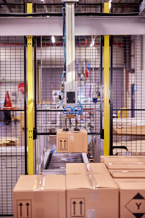 Robot de palettisation manipulant des cartons en fin de ligne de production dans l'usine Cosmeurop à Strasbourg.