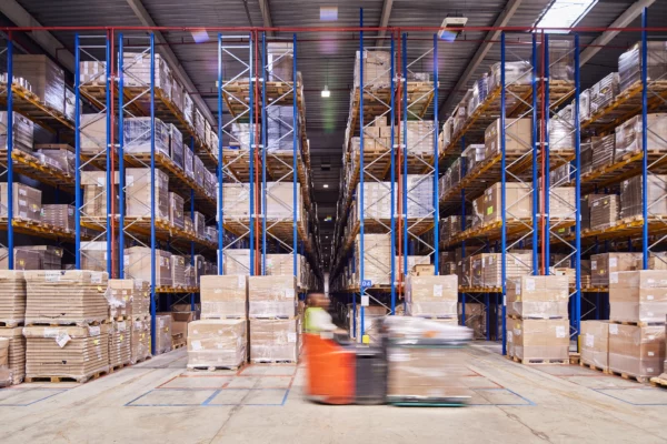 Entrepôt logistique avec rayonnages de stockage et préparation des expéditions dans l'usine Cosmeurop à Strasbourg.