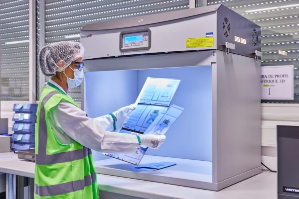 Technicienne réalisant un contrôle qualité de décors imprimés sous cabine d'inspection lumineuse dans l'unité de production cosmétique de Cosmeurop à Strasbourg.