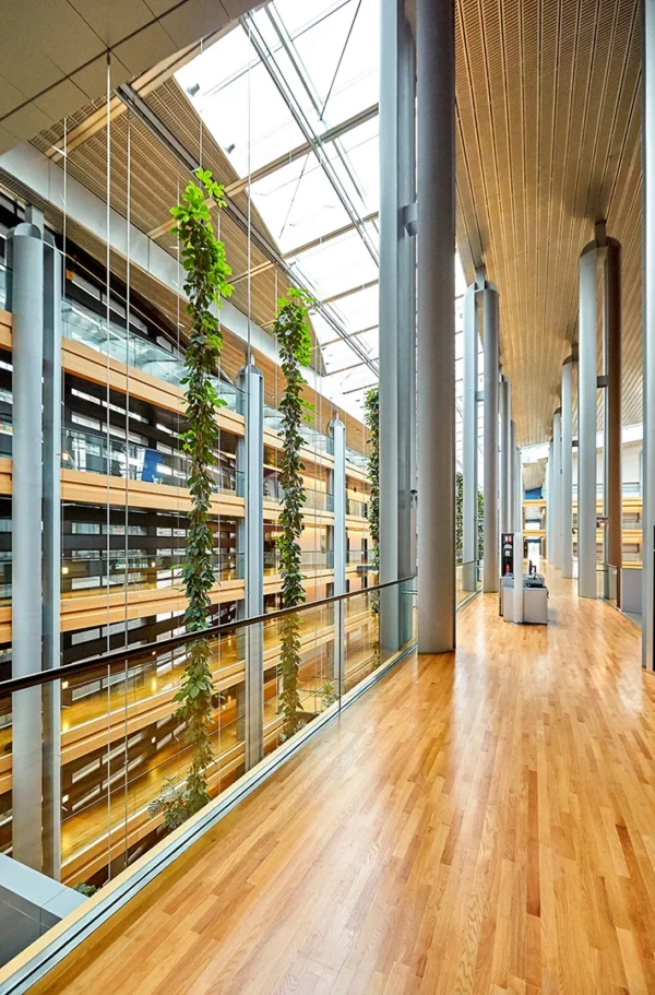 Passerelle intérieure du Parlement européen avec vue sur l'atrium végétalisé.