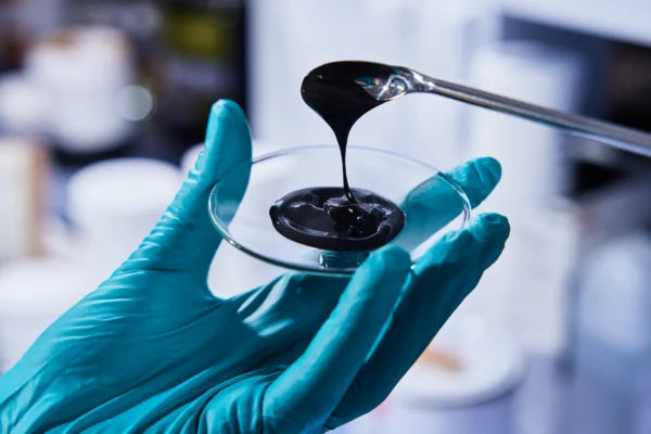 Technicien manipulant un échantillon de lubrifiant industriel lors d'un contrôle qualité en laboratoire chez Setral en Alsace.